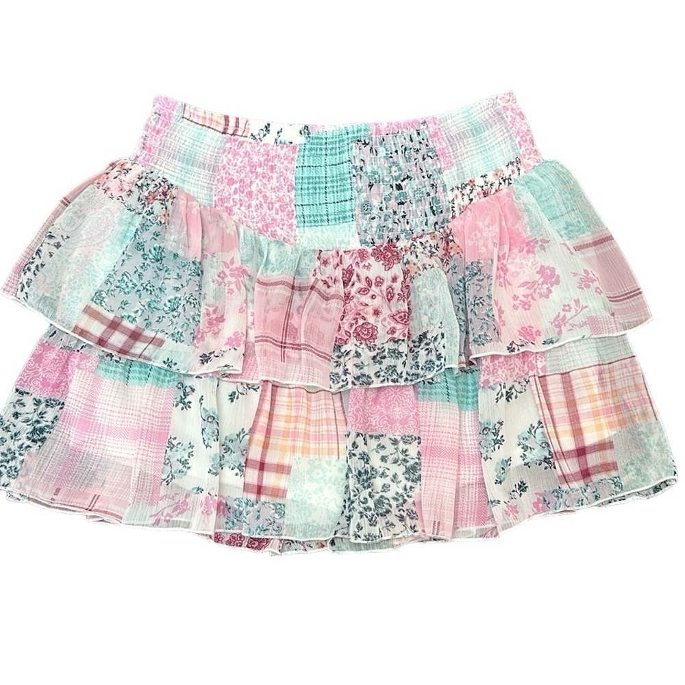 Madden NYC Smocked Double Ruffle Skort Sz L Floral Patchwork Print Flowy Prairie